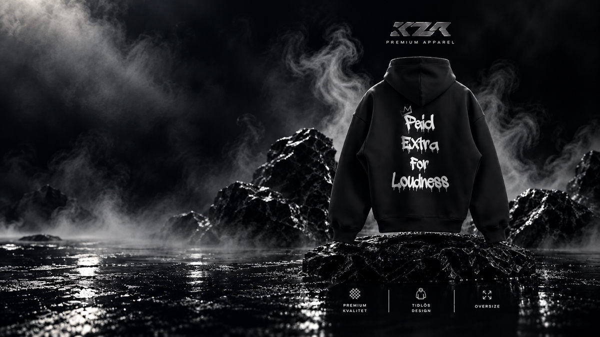 KZR Paid Extra For Loudness-hoodie med utökad rökig bakgrund, mörka klippor och KZR-logotyp.